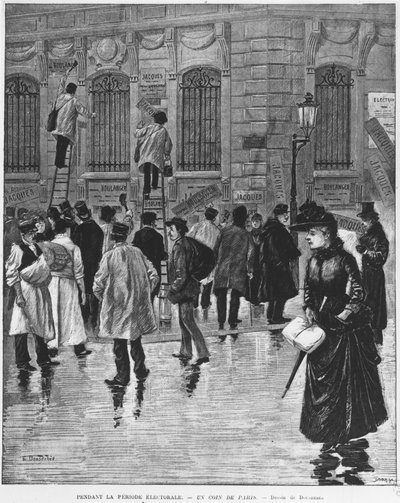 Während der Wahlperiode in Paris; Plakatkleber während der Wahl am 27. Januar 1889, Höhepunkt der Bäckereikampagne - Musée Carnavalet von Unknown artist