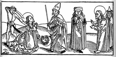 Episode aus dem Leben des Heiligen Jakobus des Älteren: Der Heilige wird unter den Augen von Herodes Agrippa, König von Judäa, enthauptet. Gravur aus „Leben der Heiligen - Sommerteil“ (Das Buch der Heiligen) von Jacobus (Jakob) von Voragine (1228-1298). Lü von Unknown artist
