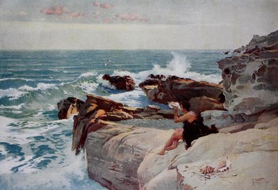Abend am Meer, Junger Mann mit großer Muschel am Ufer sitzend von Unknown artist