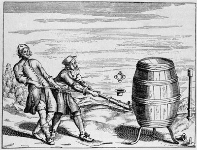 Experiment durchgeführt vom deutschen Wissenschaftler Otto von Guericke zur Berechnung des atmosphärischen Drucks. Tafel aus „Ottonis de Guericke: Experimenta Nova Magdeburgica de vacuo spatio“ von Otto von Guericke von Unknown artist