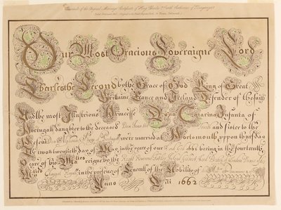 Faksimile der originalen Heiratsurkunde von Karl II. und Katharina von Portugal von Unknown artist
