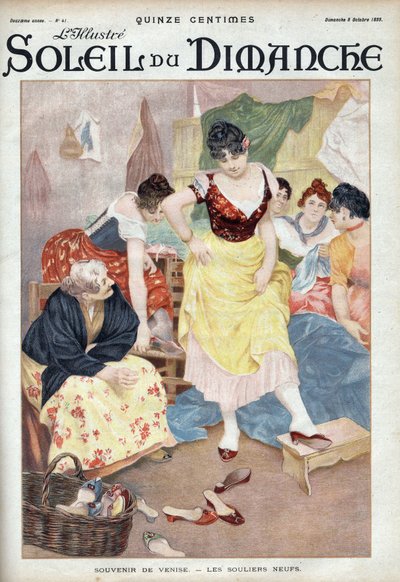 Mode Ende des 19. Jahrhunderts: neue Schuhe aus Venedig. Frauen probieren Schuhe aus der italienischen Stadt. Gravur in „Le soleil-du-dimanche“, 8. Oktober von Unknown artist