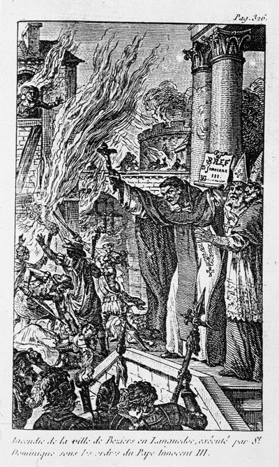 Brand der Stadt Béziers in Languedoc, ausgeführt von Saint Dominica unter den Befehlen von Papst Innozenz III. in „Die Verbrechen der Religion“ von Unknown artist