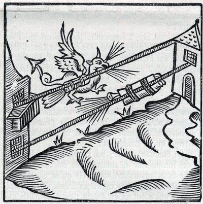 Feuerwerk und Feuerwerkskörper: Raketen, die auf Schnüren gleiten. Reproduktion der Gravuren aus dem Werk des französischen Jesuiten Jean Leurechon "La recreation mathematiques, ou Interview facetieux sur plusieurs plaisants problemes, en fait d