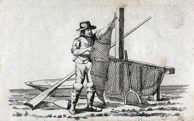 Fischer und Fischernetz. Feine Gravur des 18. Jahrhunderts. Private Sammlung. von Unknown artist