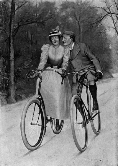 Flirt Ende des Jahrhunderts: Paar auf einem Fahrrad - Gravur von Unknown artist