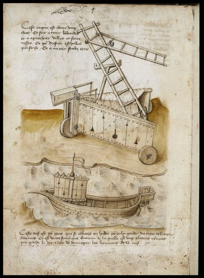 Festungsansatz und Schiff - Manuskript: Pergamentblatt eines Ingenieurhandbuchs für den Bau ziviler, religiöser und militärischer Gebäude, anonym, spätes 15. Jahrhundert (Figur in chinesischer Tinte) von Unknown artist