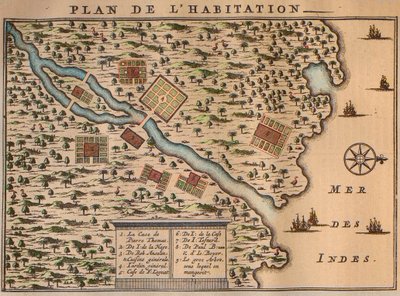 Francois Leguats Karte seiner Siedlung auf Rodrigues - Der Plan der Behausung von Francois Leguat (1637-1735), französischer Entdecker, und seiner Freunde auf der Insel Rodrigues bei Mauritius (1708) von Unknown artist
