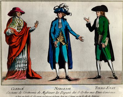 Französische Revolution: Darstellung der Deputierten der drei Stände in den Generalständen in zeremonieller Kleidung: der Klerus, der Adel und der dritte Stand. Druck aus dem späten 18. Jahrhundert von Unknown artist