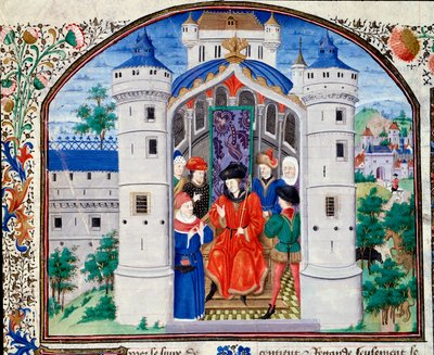 Frontispiz der Ökonomik, Darstellung des Autors, der sein Werk dem König präsentiert. Miniatur aus dem Manuskript „Kommentar zur politischen und wirtschaftlichen Ethik“ von Aristoteles (383-322 v. Chr.), übersetzt von Nicolas Oresme von Unknown artist