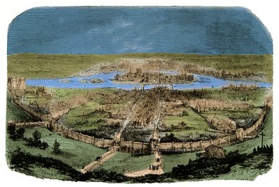 Gesamtansicht von Paris mit der Umfriedung unter Philippe Auguste, Gravur 19. Jahrhundert von Unknown artist