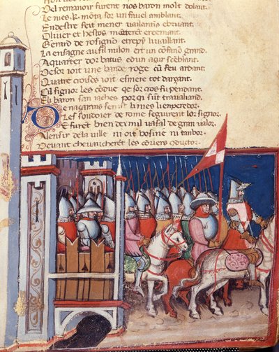 Gestenlied: eine Armee von Männern zu Pferd verlässt eine Burg. Miniatur aus dem französisch-italienischen Manuskript „Entree d