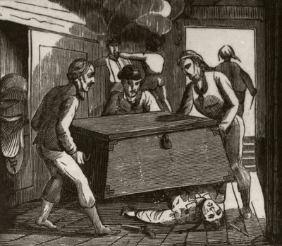 Gordon und seine Gefährten drücken den französischen Kapitän mit einer großen Truhe zu Tode, ca. 1836 von Unknown artist