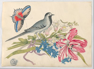 Grauer Vogel auf Zweig mit Tulpe, Löwenmäulchen und Vergissmeinnicht mit Schmetterling von Unknown artist