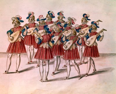 Gruppe von Musikern, die Laute spielen. Aquarell und Feder von Daniel Rabel (1578-1637) aus dem Album „Château de Bicêtre“ von Unknown artist