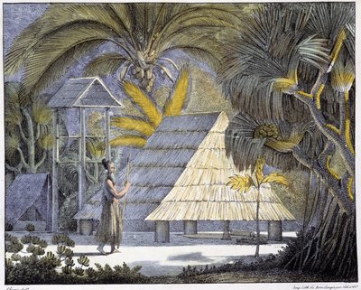 Behausung auf den Radak-Inseln, Marshallinseln-Archipel. Gravur aus dem 19. Jahrhundert von Unknown artist