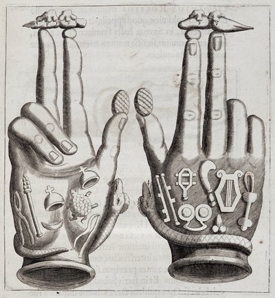 Hände in „Mensae Isiaca“ (Rede der Großen Mutter der Götter, ihre Siegel, ihre Juwelen und Amulette und einige ihrer Figuren) von Unknown artist
