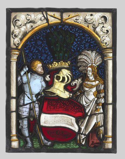 Heraldik-Panel, das einen Ritter und eine Dame mit den Waffen des Erzherzogtums Österreich darstellt von Unknown artist