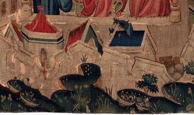Geschichte von Saint Piat und Saint Eleuthère, Szene 9 Saint-Éleuthère wird als Bischof von Tournai bestätigt. Detail unten. Die Stadtbefestigungswände, Häuser. von Unknown artist