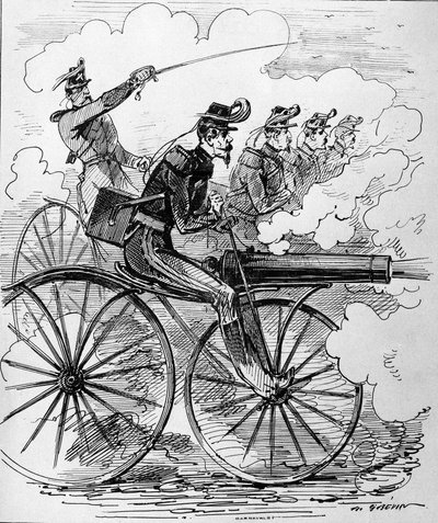 Humorvolle Gravur: Velocipedomanie angewendet auf Maschinengewehre - 19. Jahrhundert von Unknown artist