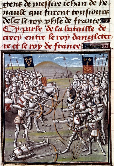 Hundertjähriger Krieg: Die Schlacht von Crécy am 26.08.1346 zwischen den Franzosen und den Engländern. Miniatur aus den Chroniken von Jean Froissart (1337-1400) von Unknown artist