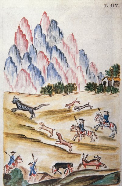 Jagd auf eine Wildkatze in den Bergen, aus dem Buch „Trujillo del Peru“ oder „Códice Martínez Compañón“, von Baltazar Martínez Compañón y Bujanda, Bischof von Trujillo (1782-1785) von Unknown artist