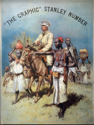 Illustration, die den Entdecker und Journalisten Henry Morton Stanley (1841-1904) während einer seiner Expeditionen darstellt. Chromolithographie von Unknown artist