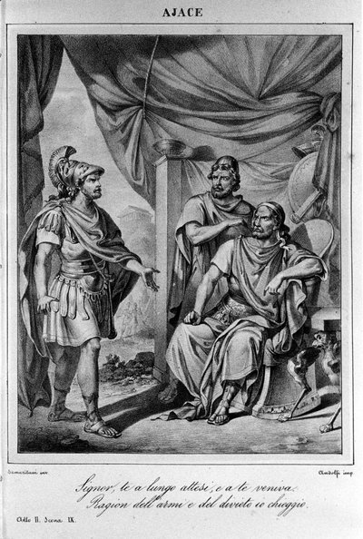 Illustration für Szene 9 des zweiten Aktes von „Ajax“ (Aiace) von Ugo Foscolo (1778-1827) 19. Jahrhundert von Unknown artist