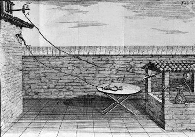 Illustration von Experimenten von Luigi Galvani, italienischer Physiker und Arzt (1737 - 1798), die den Durchgang von elektrischem Strom zeigen, der die Beine eines Frosches bewegt. von Unknown artist