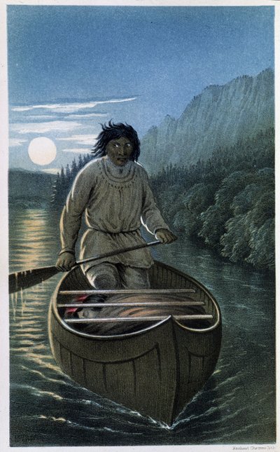 Indianer Kanufahren bei Vollmondnacht - in „Exploration of the Labrador Peninsula“ von Hind von Unknown artist