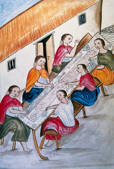 Indische Arbeiter beim Nähen, aus dem Buch "Trujillo del Peru" oder "Códice Martínez Compañón", von Baltazar Martinez Compañón y Bujanda, Bischof von Trujillo (1782-1785) von Unknown artist