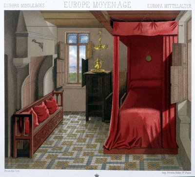Innenraum eines Hauses im 15. und 16. Jahrhundert. In „Le costume historique“ von A. Racinet von Unknown artist