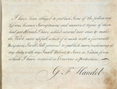 Einführungsseite, auf der der Komponist die Gründe für die Veröffentlichung angibt, aus Suite von Instrumentalstücken von G F Handel von Unknown artist
