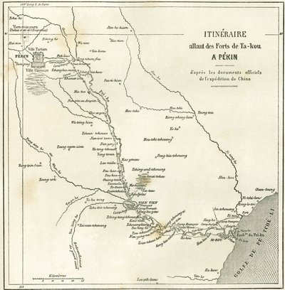 Reiseroute entlang des Hai He Flusses nahe Tien Tsin (Tien-Tsin, Tianjin) nach Peking (Beijing), China. Karte, in „Le Tour du Monde, Nouveau journal des Voyages“, herausgegeben von Edouard Charton, Paris von Unknown artist