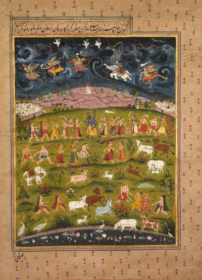 Krishna hebt den Berg Govardhan, aus einer persischen Übersetzung des Bhagavata Purana, ca. 1625 von Unknown artist
