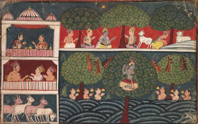 Krishna stiehlt die Kleider der Milchmädchen und erläutert die Tugend der Bäume, aus einem Braj Bhagavata Purana von Unknown artist