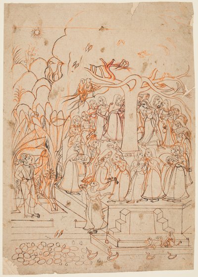 Krishna beobachtet die Milchmädchen, die einen heiligen Baum umrunden: der Monat Jyestha (Mai–Juni), aus einem Baramasa (Die zwölf Monate) von Unknown artist