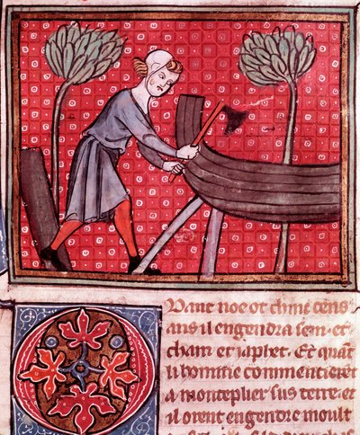 Der Bau der Arche Noah. Detail (illuminierte Seite des Manuskripts „Bible Historiale“ von Guiart Des Moulins 14. Jahrhundert) von Unknown artist