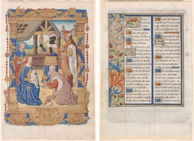 Blatt aus einem Stundenbuch: Anbetung der Könige (recto) und Text mit illustriertem Rand (verso) (3 von 3 ausgeschnittenen Blättern) von Unknown artist