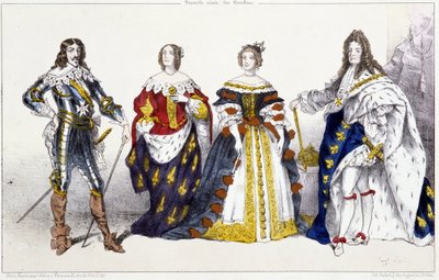 Die Bourbonen: Ludwig XIII. (1601-1643) und Anna von Österreich (1601-1666), Maria Theresia von Österreich (oder Spanien) (1638-1683) und Ludwig XIV. (1638-1715) - Tafel aus Könige und Königinnen von Frankreich in Drucken, Paris, ed. Swift von Unknown artist