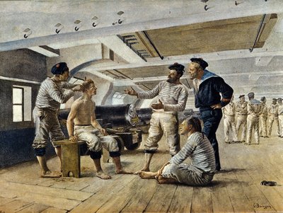 Leben an Bord eines französischen Kriegsschiffs: Der Schiffsbarbier rasiert die Matrosen, um 1800 von Unknown artist