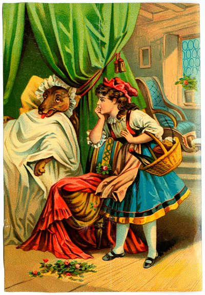 Rotkäppchen entdeckt den Wolf im Bett ihrer Großmutter (Chromolithographie Ende des 19. Jahrhunderts) von Unknown artist
