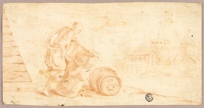 Mann bewegt Ballen, Fass, mit Windmühle in der Ferne von Unknown artist