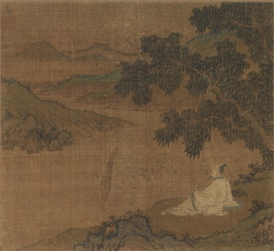 Mann auf einem Hügel unter einem Baum mit Blick auf einen Fluss von Unknown artist