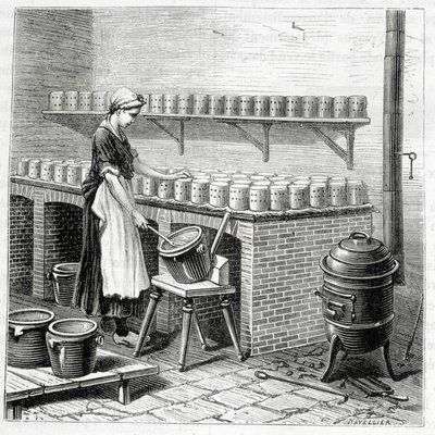 Herstellung von Camembert-Käse (Quark wird in Formen gegossen) - in „Die Wunder der Industrie“ von Louis Figuier von Unknown artist