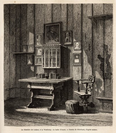 Martin Luthers Zimmer (1483-1546) auf der Wartburg, wo er nach seiner Exkommunikation im Jahr 1521 Zuflucht fand, mit seinem Porträt und denen seiner Eltern über dem Schreibtisch, unter deren Augen er die Bibel ins Deutsche übersetzte und seine berühmteste von Unknown artist
