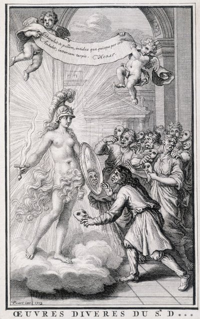 Männer betrachten sich ohne ihre Masken vor dem Spiegel der Allegorie der Wahrheit. Kupferstich des 18. Jahrhunderts. von Unknown artist