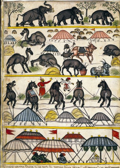 Mogul-Militärlager. Seite aus dem Manuskript „Geschichte von Mogol“ von Stefano Nivibus Cardeira. 18. Jahrhundert. Biblioteca Marciana, Venedig von Unknown artist