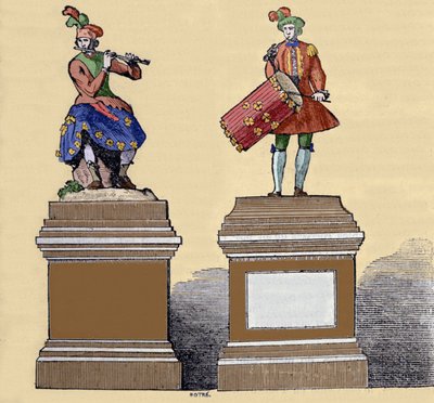 Musikautomaten: „Der Traversflötenspieler“ (1737) und der „Tamburinspieler“ (1738). Hergestellt von Jacques de Vaucanson (1709-1782), französischer Ingenieur von Unknown artist