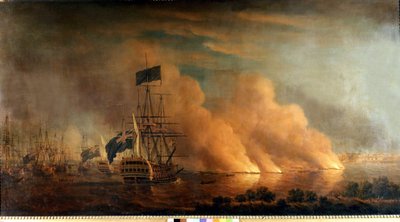 Nachtangriff der französischen Brulots gegen die englische Flotte im Hafen von Quebec: von den Engländern am 28.06.1759 erobert. Gemälde. von Unknown artist